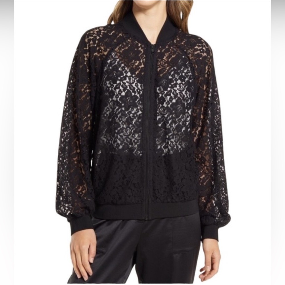 Halogen Black Cotton Blend Lace Bomber